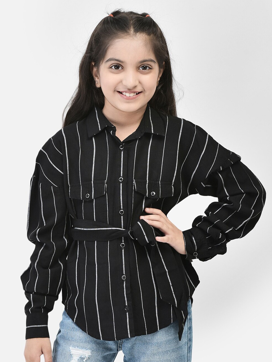 

Crimsoune Club Girls Striped Waist Tie Ups Pure Cotton Shirt Style Top, Black