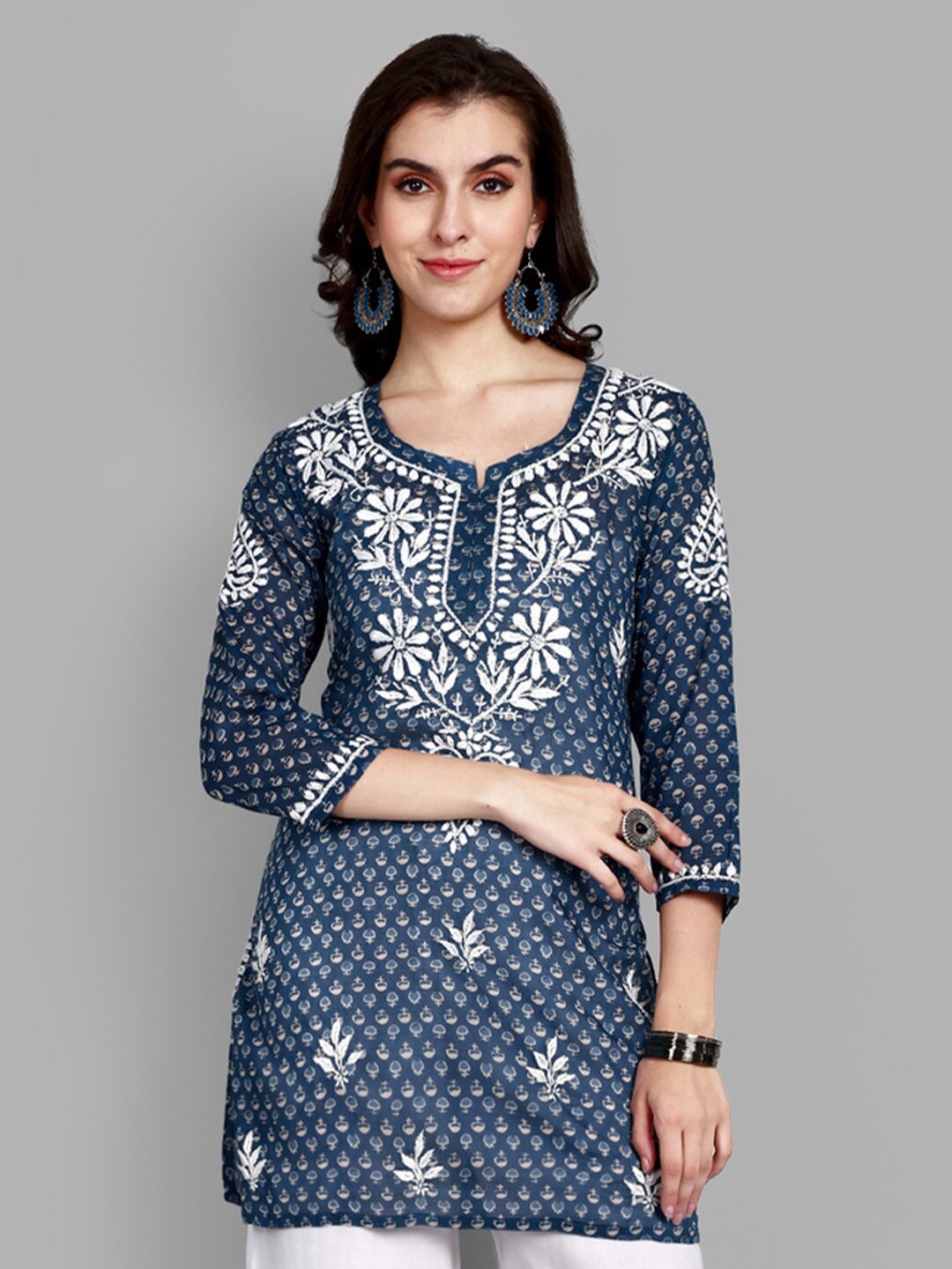 

ADA Floral Embroidered Lucknowi Chikankari Round Neck Pure Cotton Thread Work Kurti, Blue