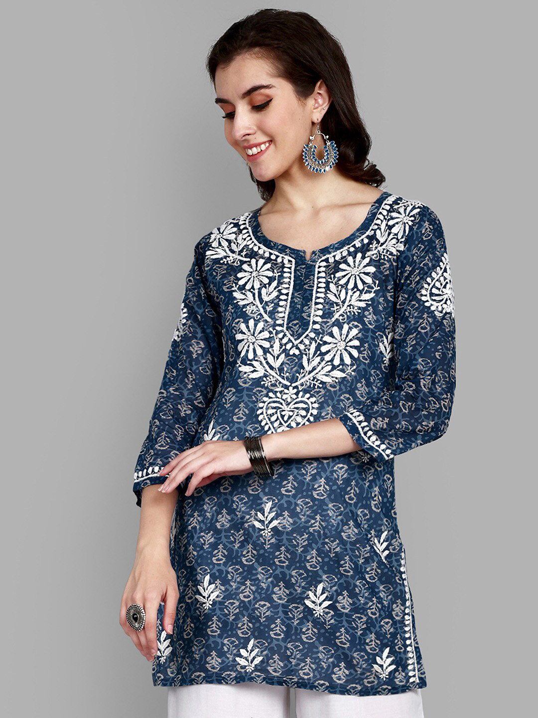

ADA Floral Embroidered Lucknowi Chikankari Round Neck Pure Cotton Thread Work Kurti, Blue