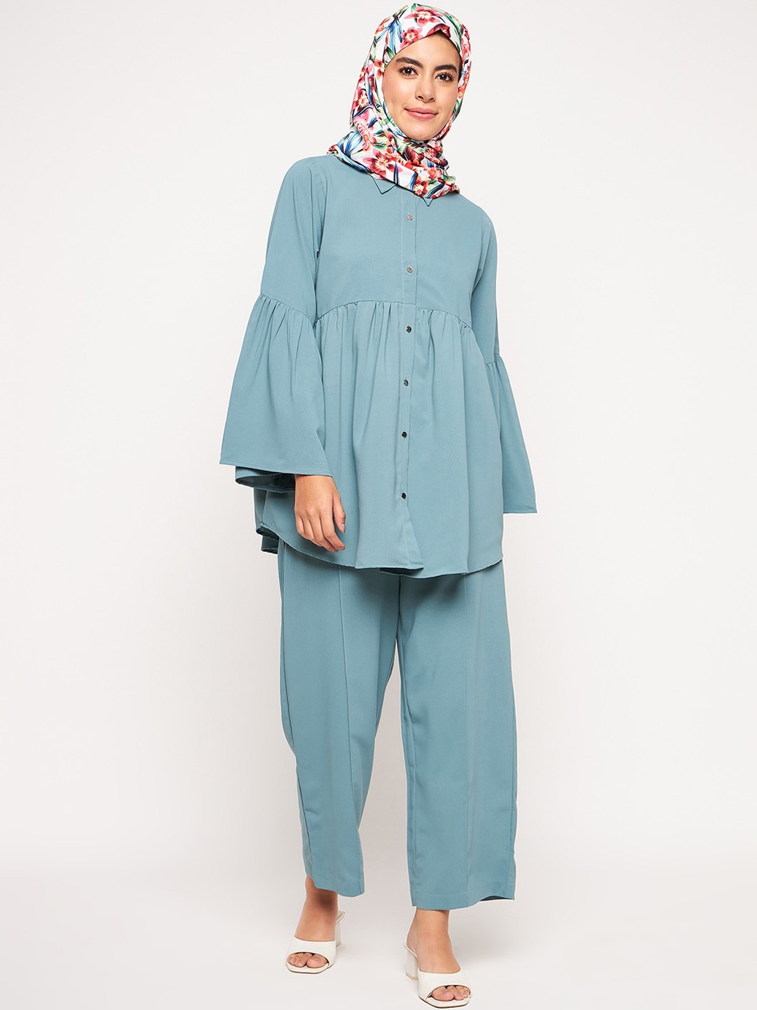 

NABIA Shirt Collar Shirt & Palazzo, Sea green