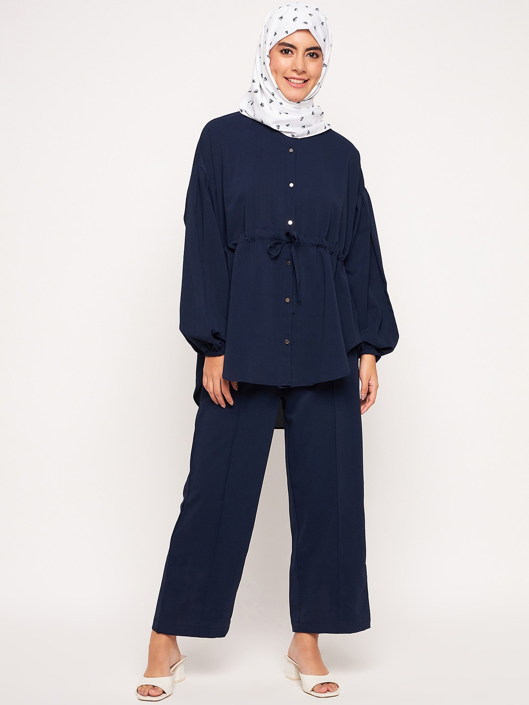 

NABIA Shirt Collar Tie Up Details Shirt & Palazzo, Blue