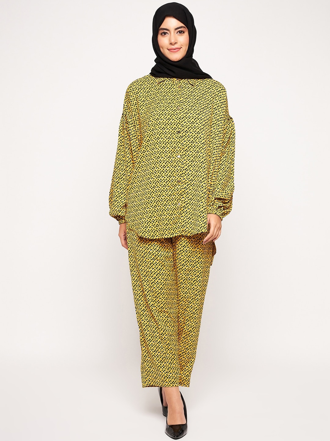 

NABIA Printed Shirt Collar Shirt & Palazzo, Yellow