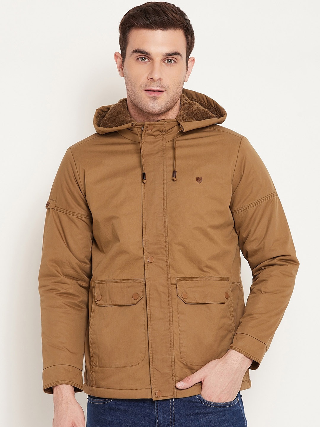 

Okane Hooded Long Sleeves Faux Fur Trim Lightweight Cotton Tailored Jacket, Copper