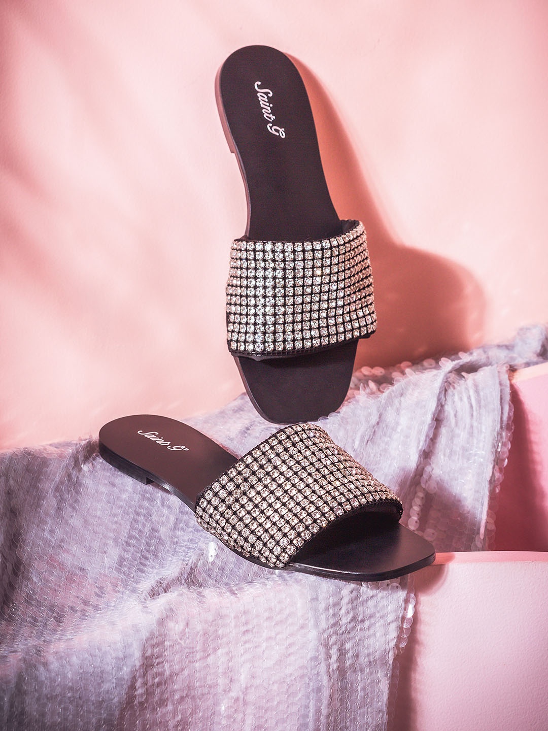 

Saint G Embellished Leather Open Toe Flats, Black