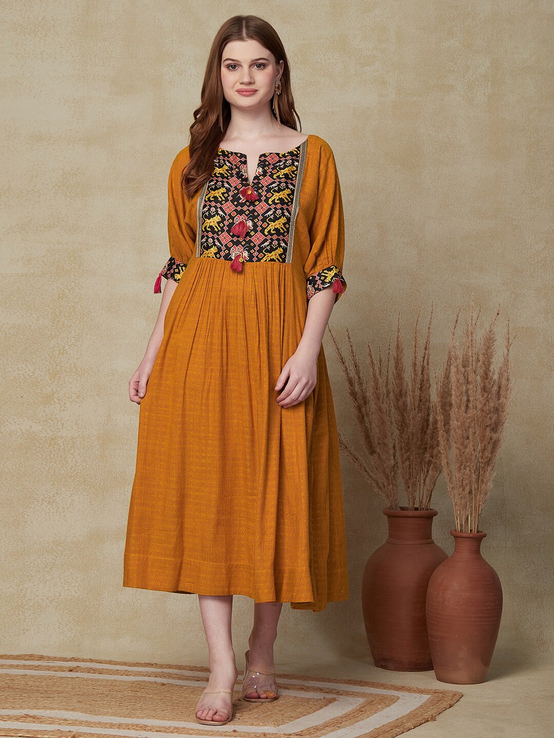 

FASHOR Mustard Yellow & Black Animal Printed Gathered A-Line Midi Ethnic Dresses