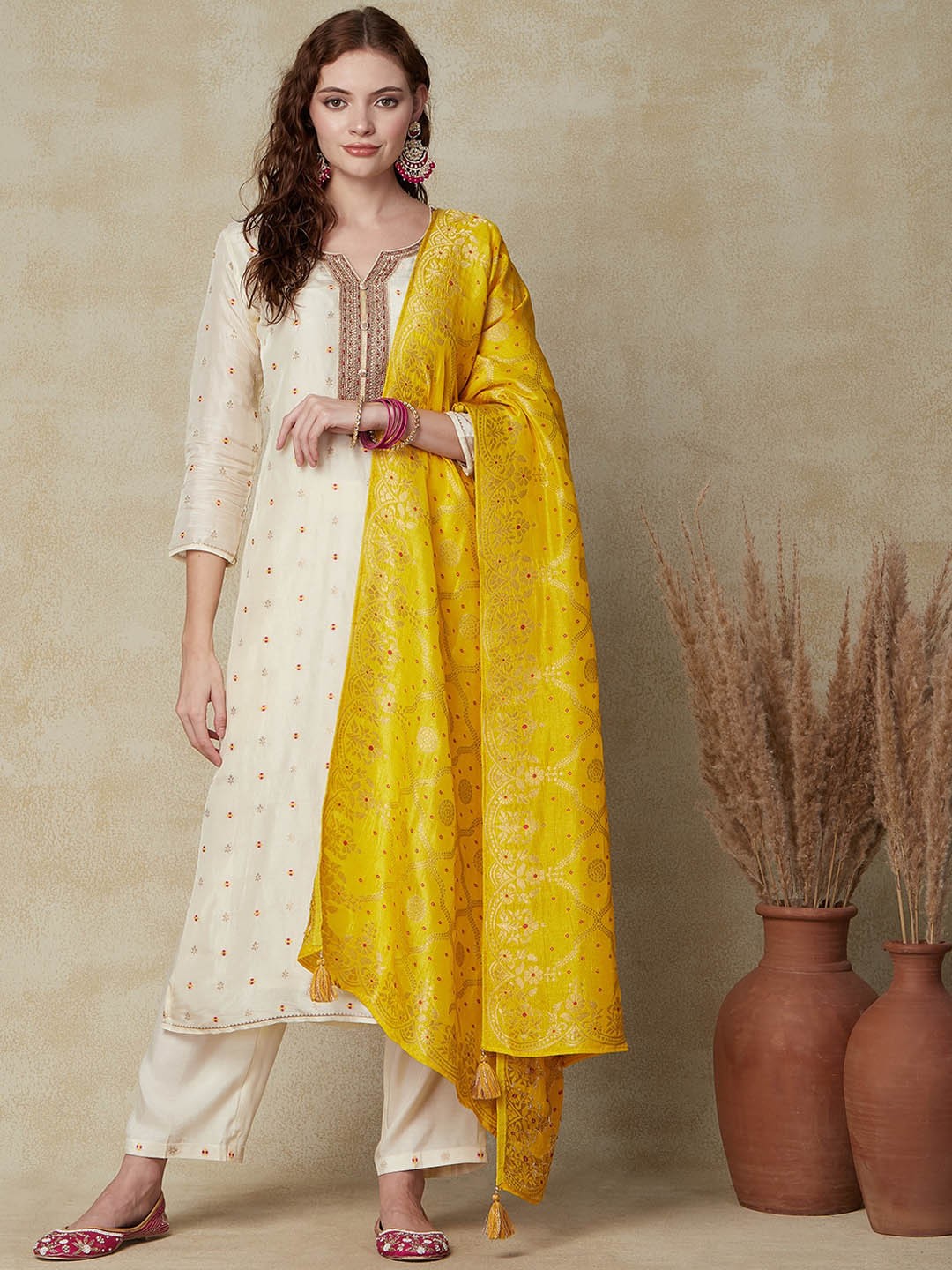 

FASHOR Floral Woven Design Chanderi Cotton Kurta With Palazzos & Dupatta, Off white