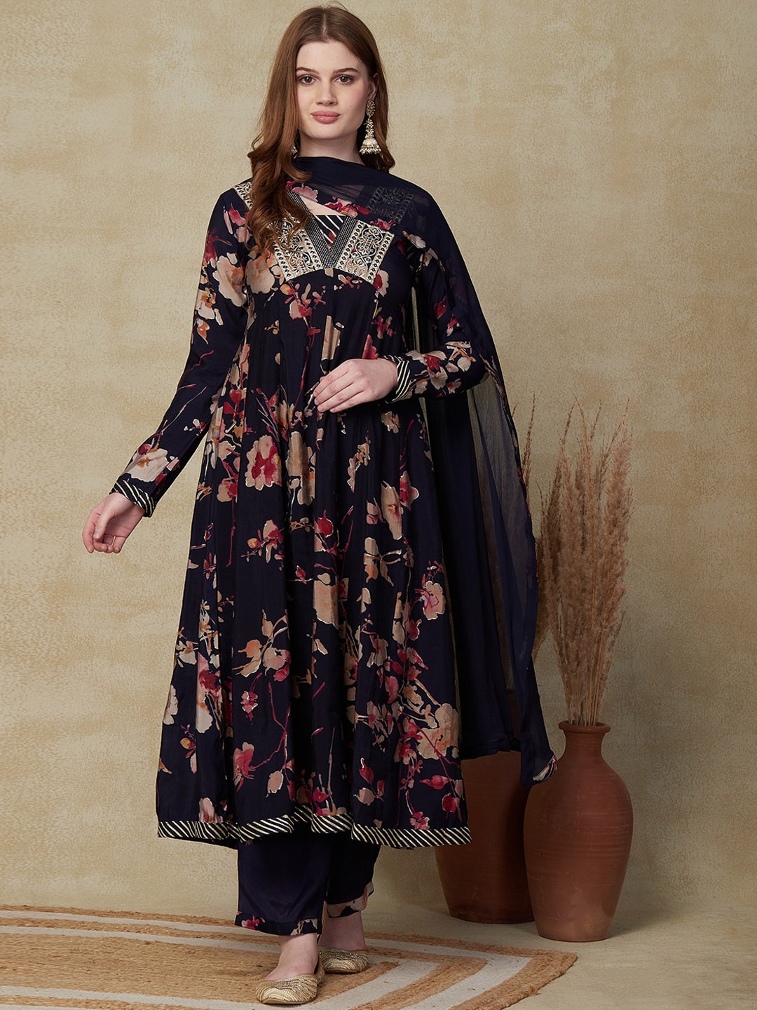 

FASHOR Navy Blue Floral Printed Empire Mirror Work Kurta with Trousers & Dupatta