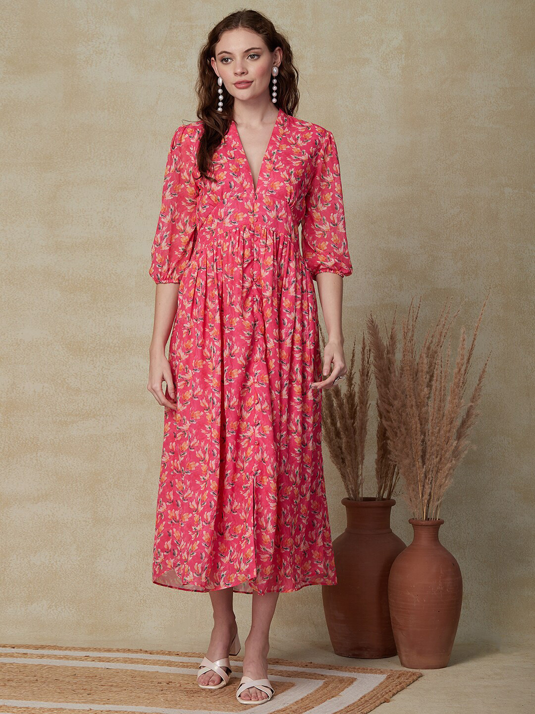 

FASHOR Fuchsia Floral Printed Smocked A-Line Pleated Georgette Midi Dress