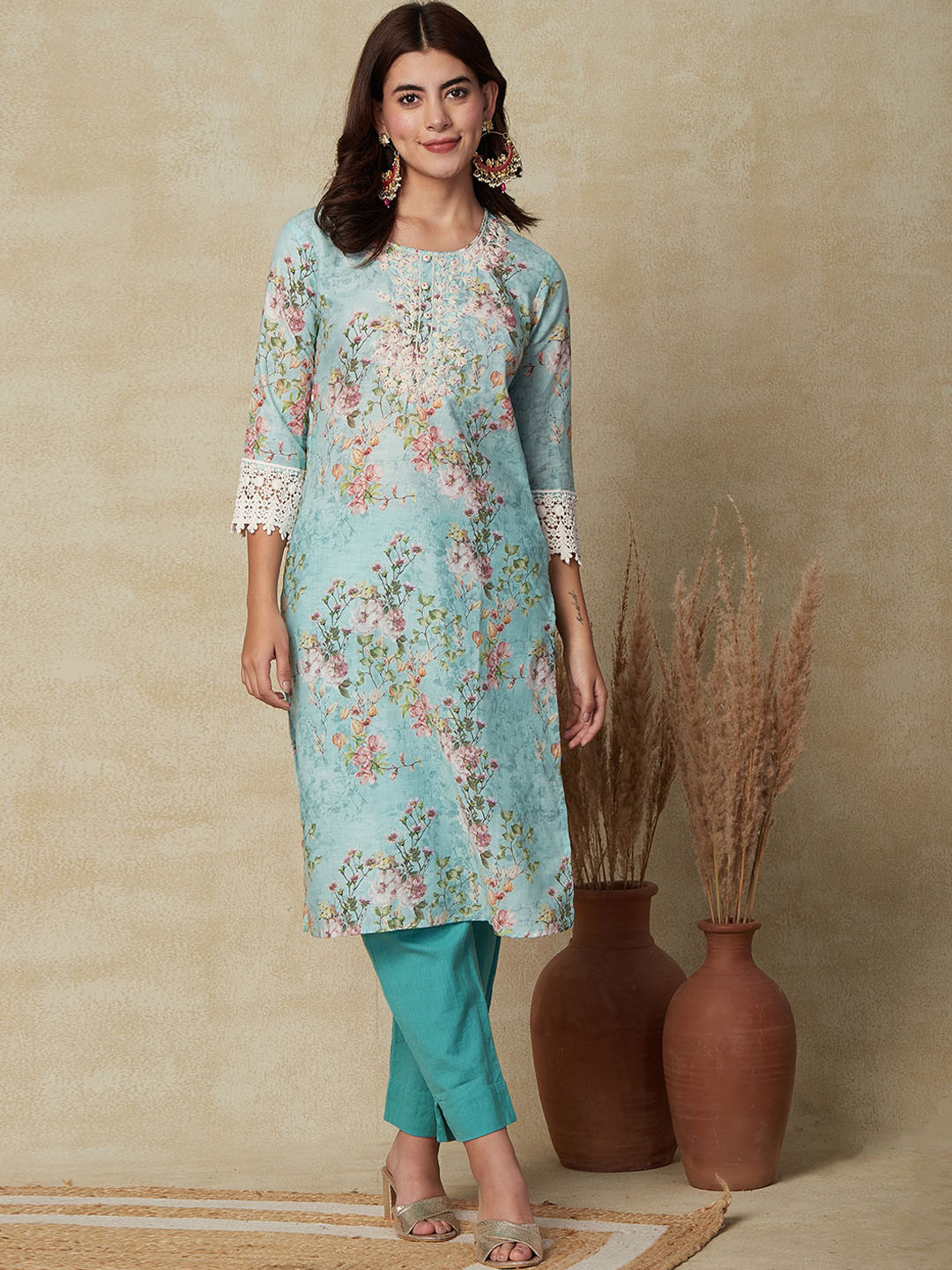 

FASHOR Floral Printed Thread Work Cotton Kurta, Sea green