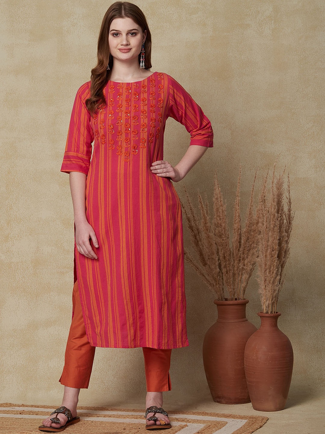 

FASHOR Pink Striped Round Neck Thread Work Pure Cotton Straight Kurta