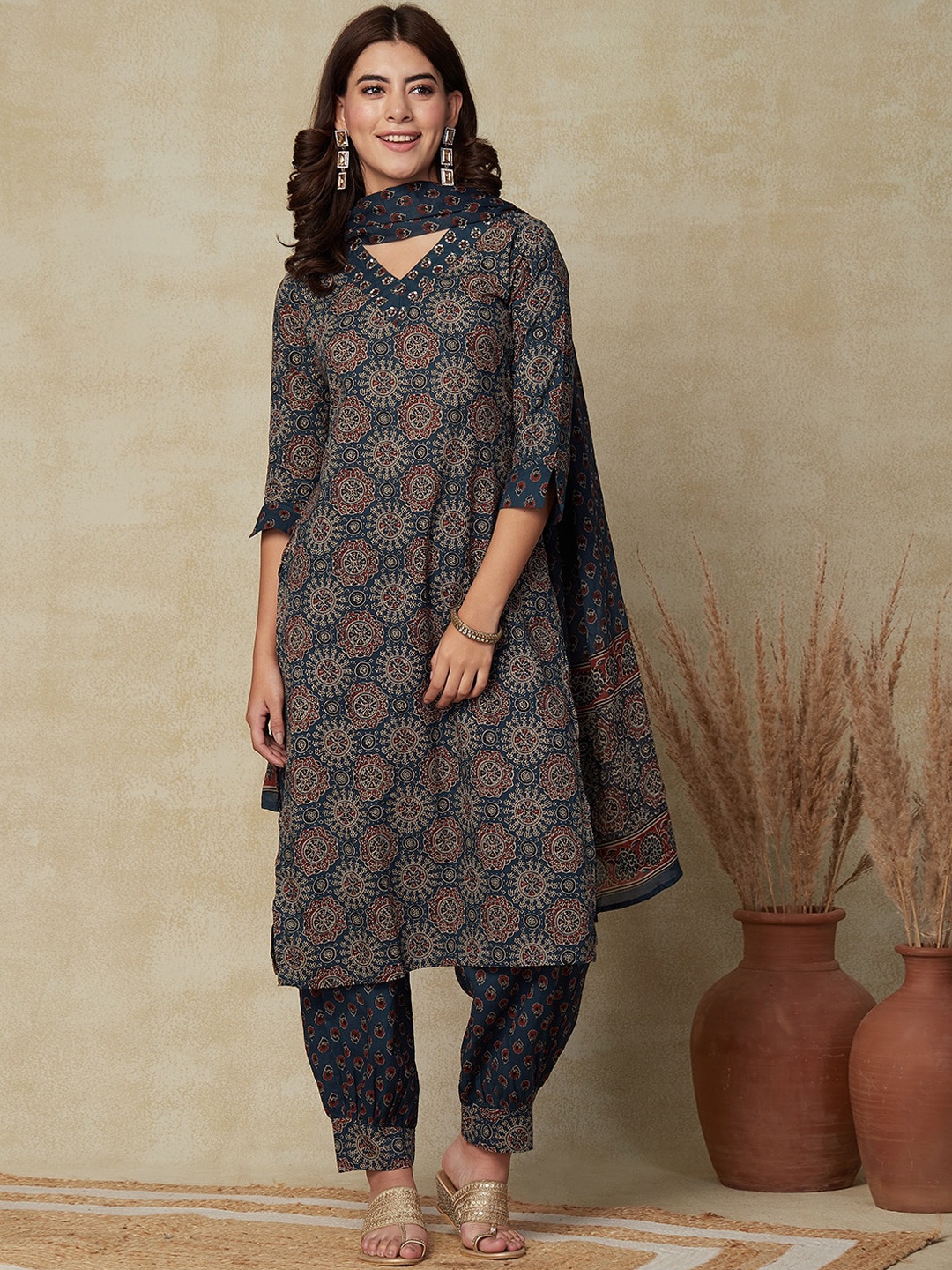 

FASHOR Blue Ethnic Motifs Printed Mirror Work Pure Cotton Kurta with Salwar & Dupatta
