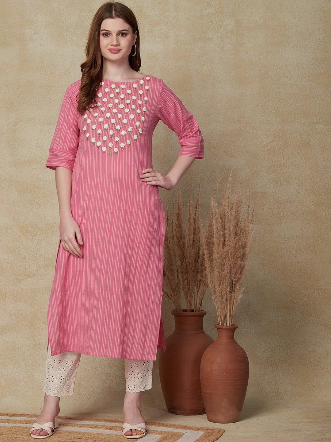 

FASHOR Striped Thread Work Cotton Kurta, Pink