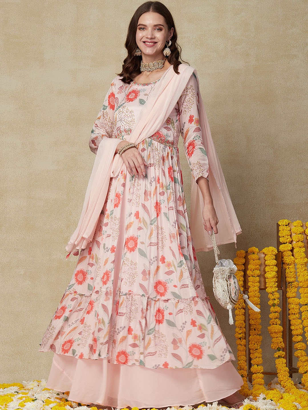 

FASHOR Floral Printed Mirror Work Pleated A-Line Kurta With Skirt & Dupatta, Pink