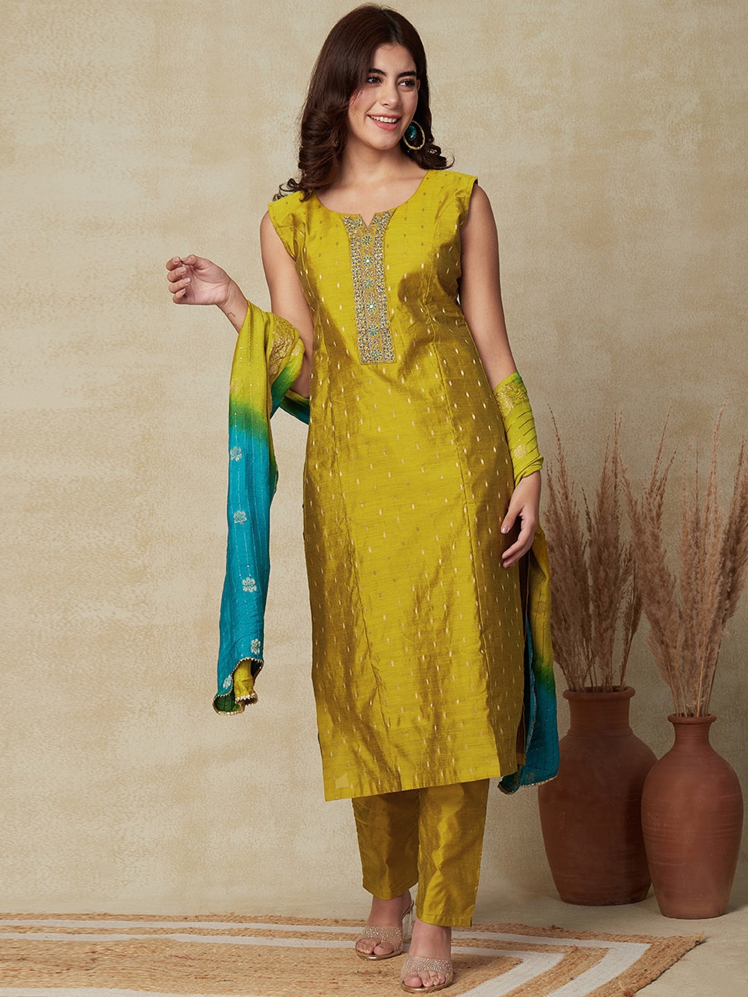 

FASHOR Mustard Yellow Woven Desugn Mirror Work Kurta with Trousers & Dupatta