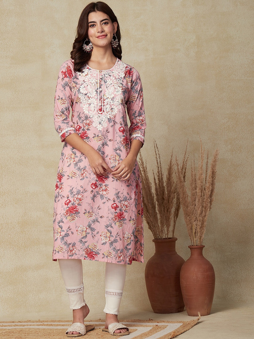 

FASHOR Floral Printed Sequinned Kurta, Pink