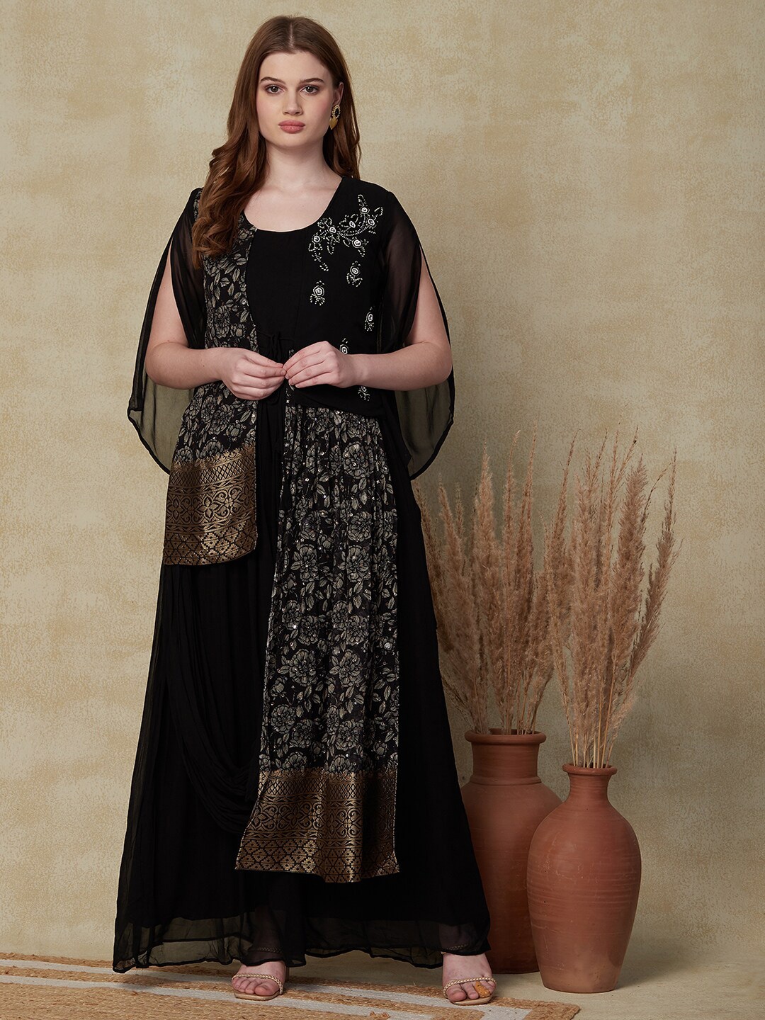 

FASHOR Black & Gold Toned Floral Printed Sequinned Layered Georgette Maxi Ethnic Dresses