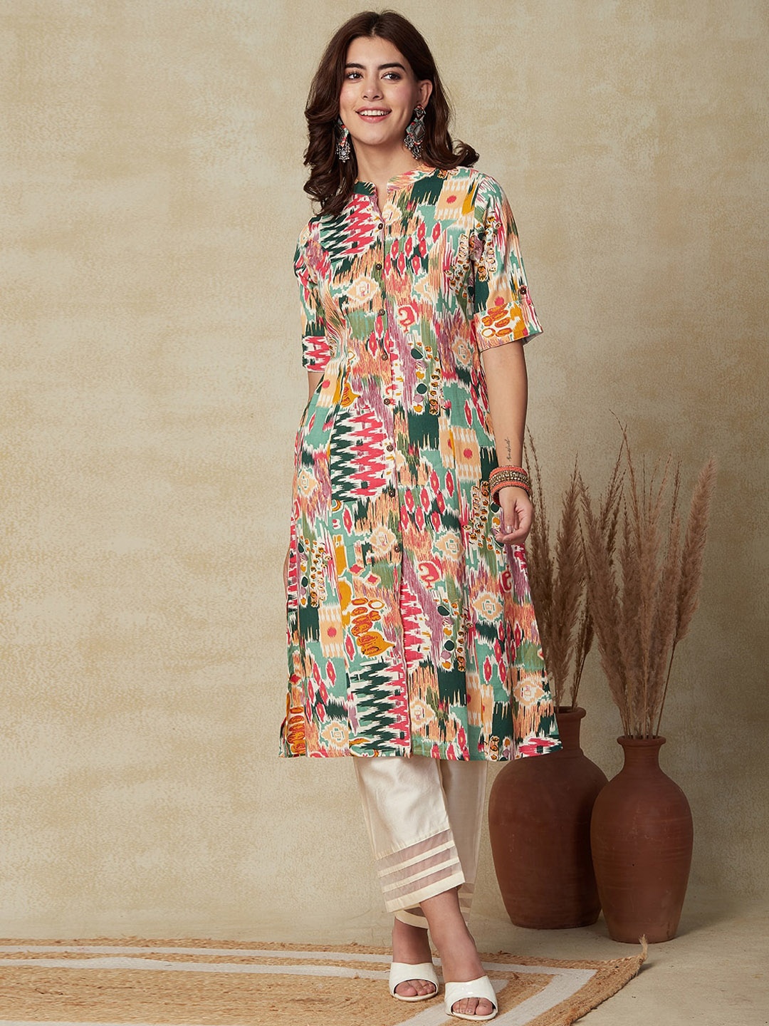 

FASHOR Printed Band Collar Cotton A-Line Kurta, Green