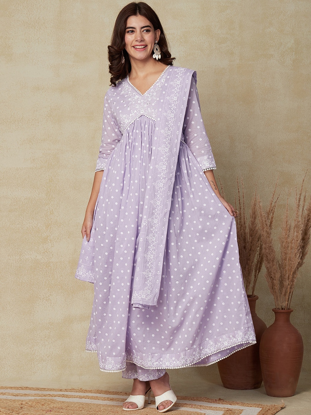 

FASHOR Polka Dots Printed Empire Anarkali Kurta With Trousers & Dupatta, Lavender