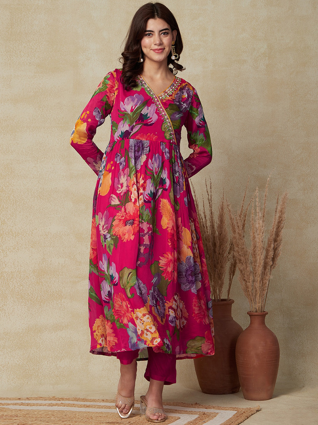 

FASHOR Floral Printed Angrakha A-Line Kurta With Trousers & Dupatta, Pink