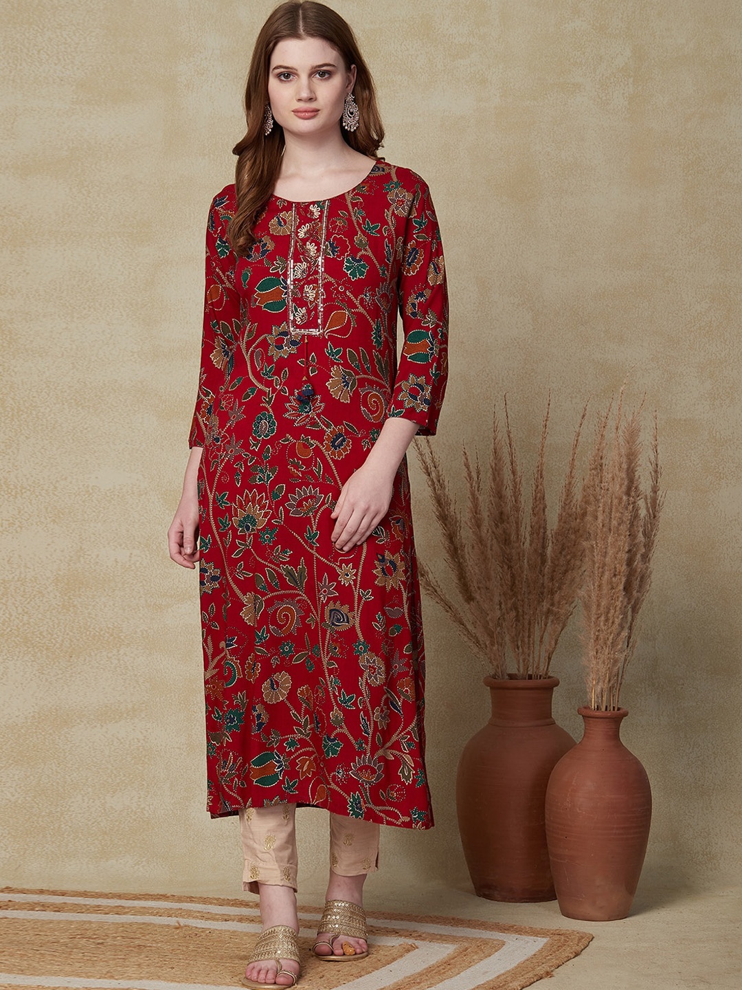 FASHOR Ethnic Motifs Printed Mirror Work Kurta, Red