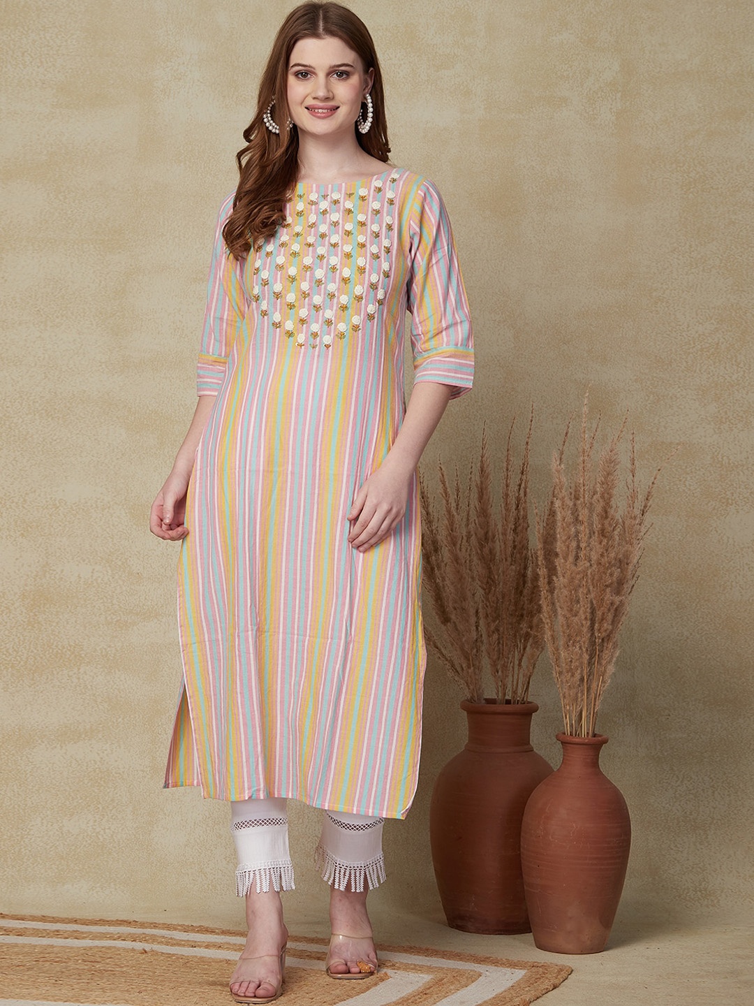 

FASHOR Striped Thread Work Cotton Kurta, White