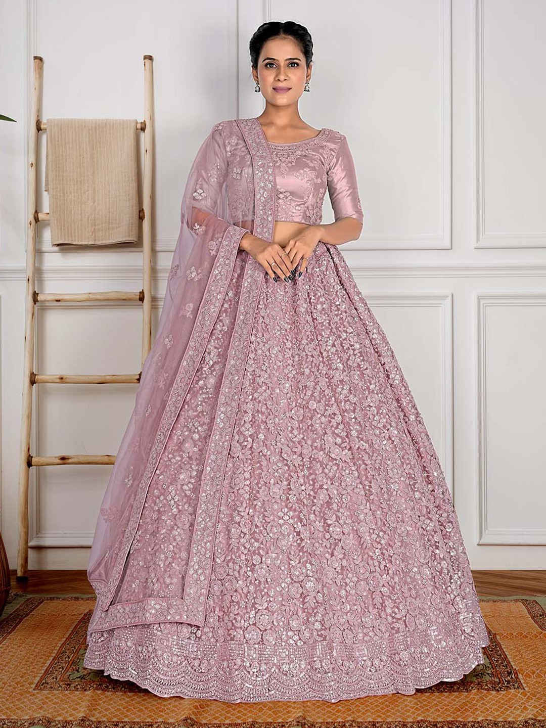 

HALFSAREE STUDIO Embellished Thread Work Semi-Stitched Lehenga & Unstitched Blouse, Lavender