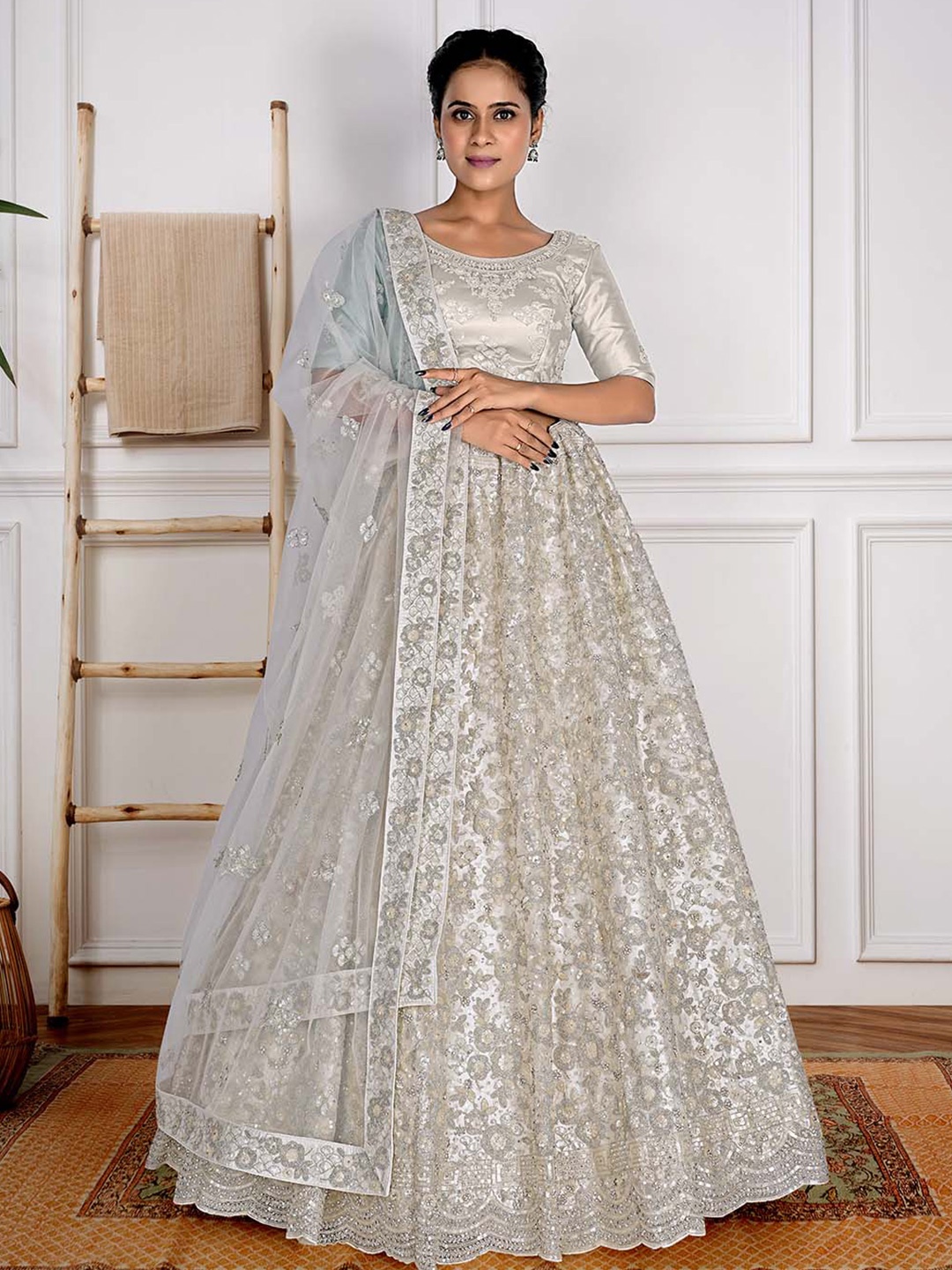 

HALFSAREE STUDIO Embroidered Semi-Stitched Lehenga & Unstitched Blouse With, White