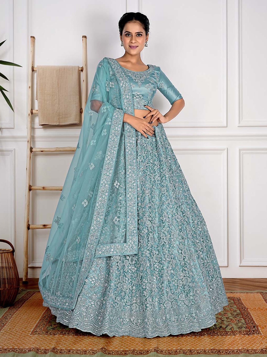 

HALFSAREE STUDIO Embellished Thread Work Semi-Stitched Lehenga & Unstitched Blouse, Sea green