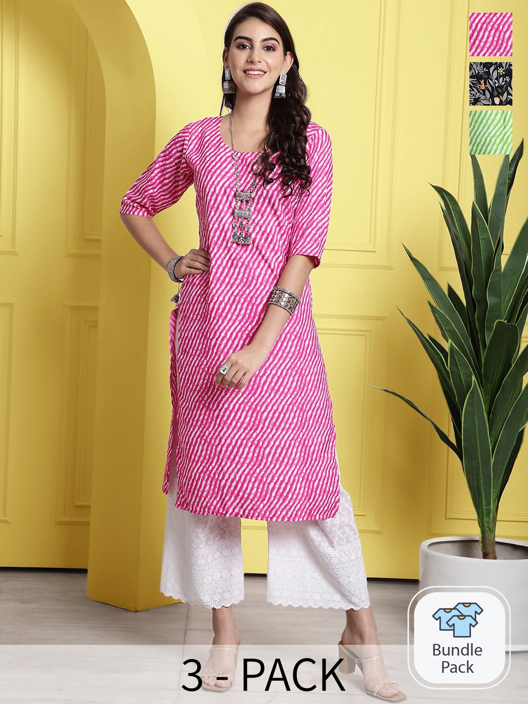

7Threads Selection Of 3 Ethnic Motifs Printed Straight Kurta, Pink