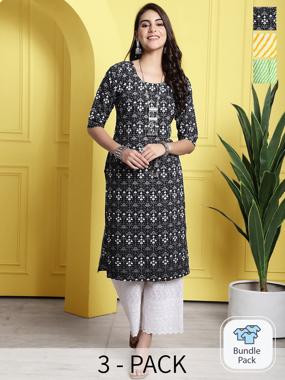 7Threads Selection Of 3 Ethnic Motifs Printed Straight Kurta, Black