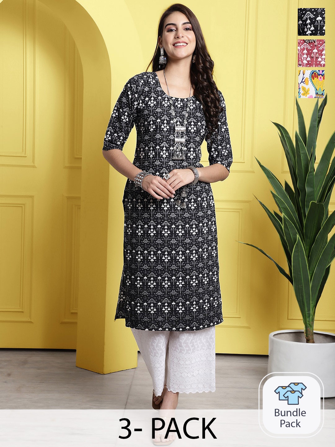

7Threads Pack of 3 Ethnic Motifs Printed Straight Kurta, Black