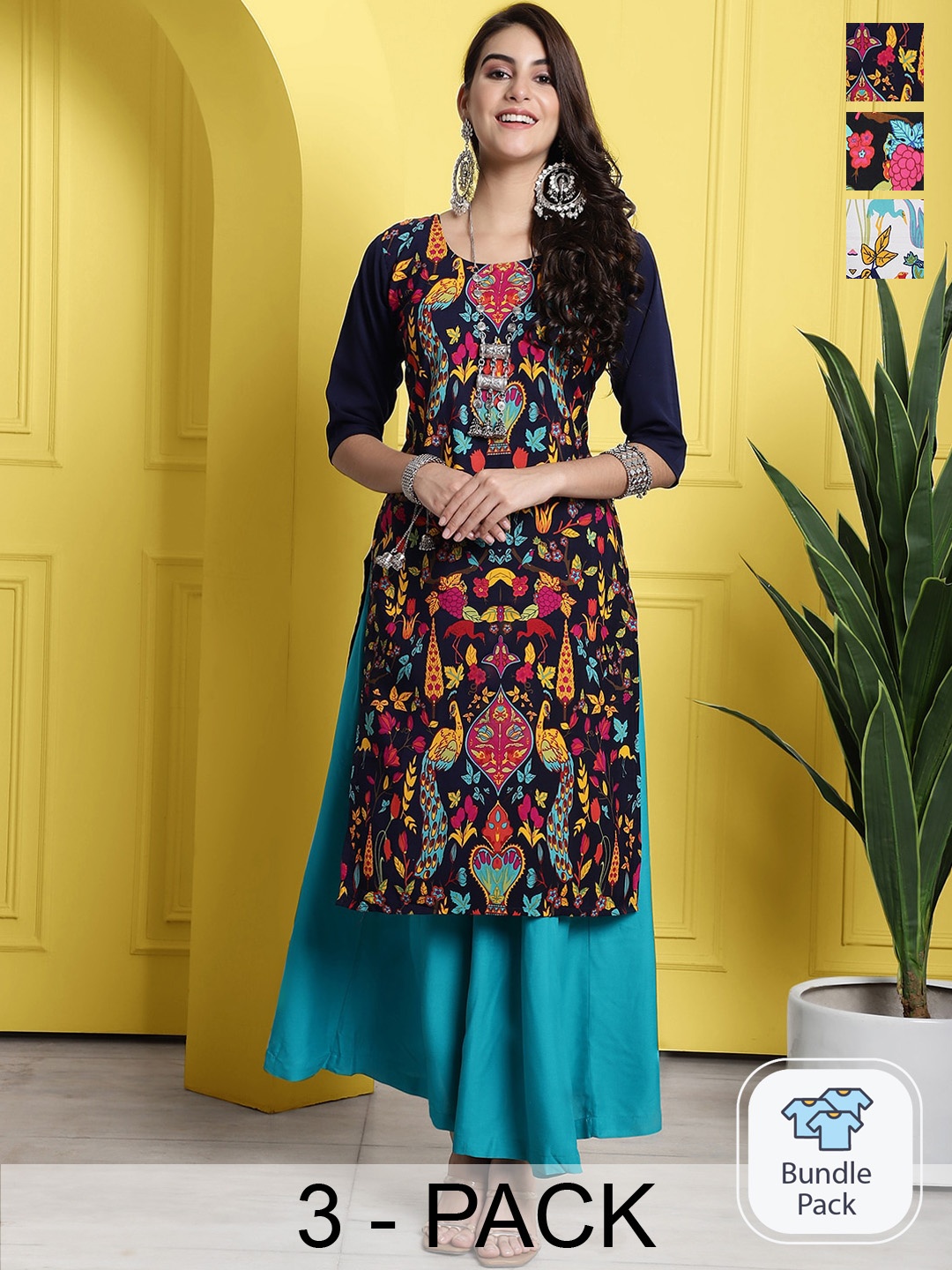 

7Threads Pack of 3 Floral Printed Straight Kurta, Black