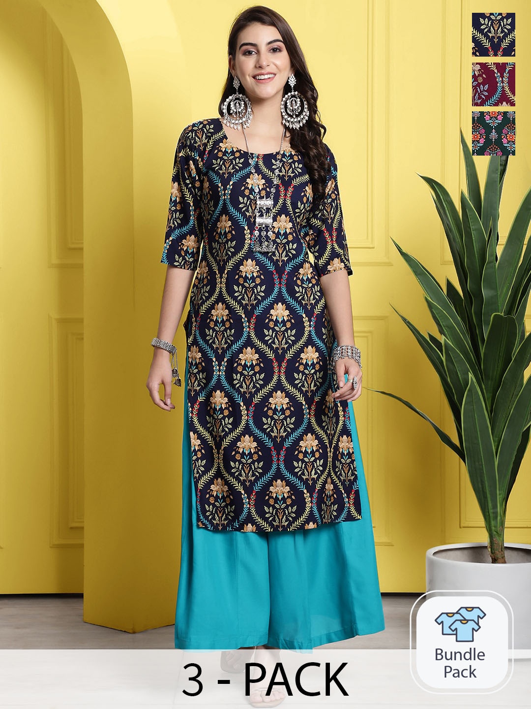 

7Threads Selection Of 3 Ethnic Motifs Printed Straight Kurta, Blue