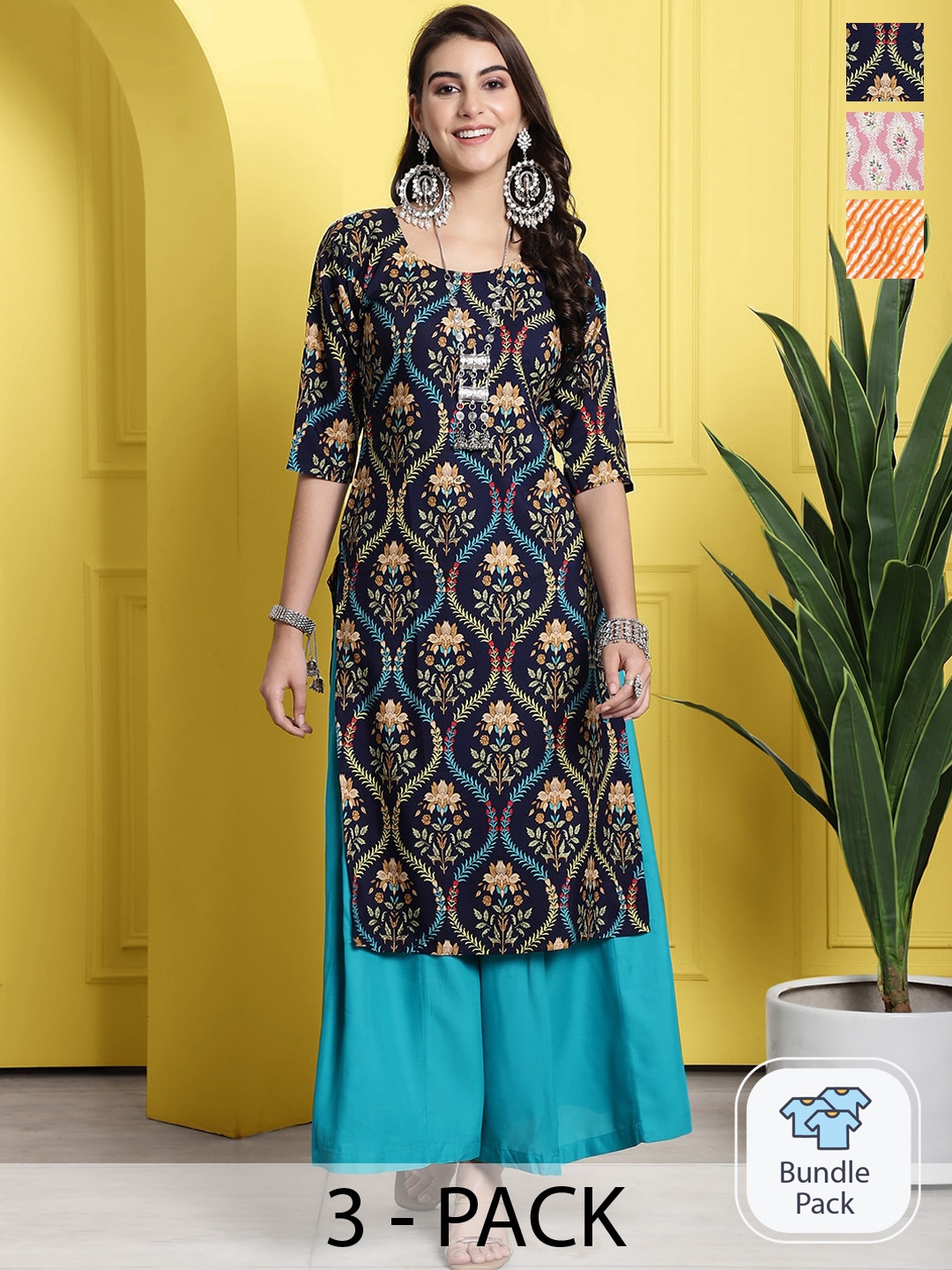 

7Threads Selection Of 3 Ethnic Motifs Printed Kurta, Black