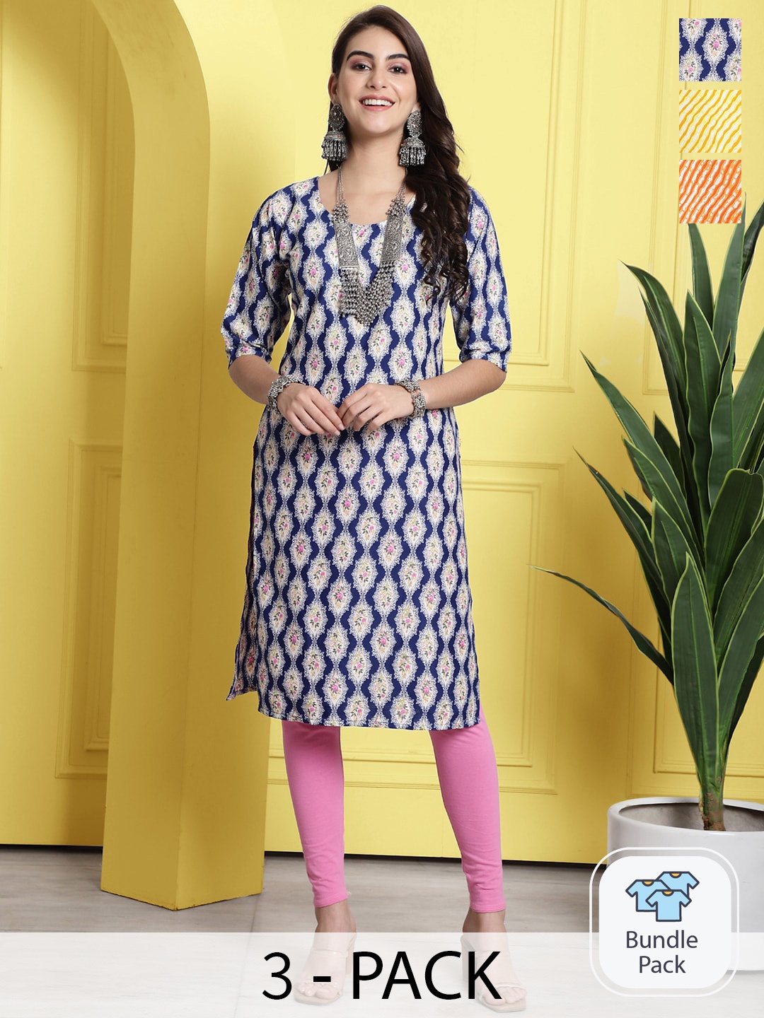 

7Threads Selection Of 3 Printed A-Line Kurtas, Navy blue