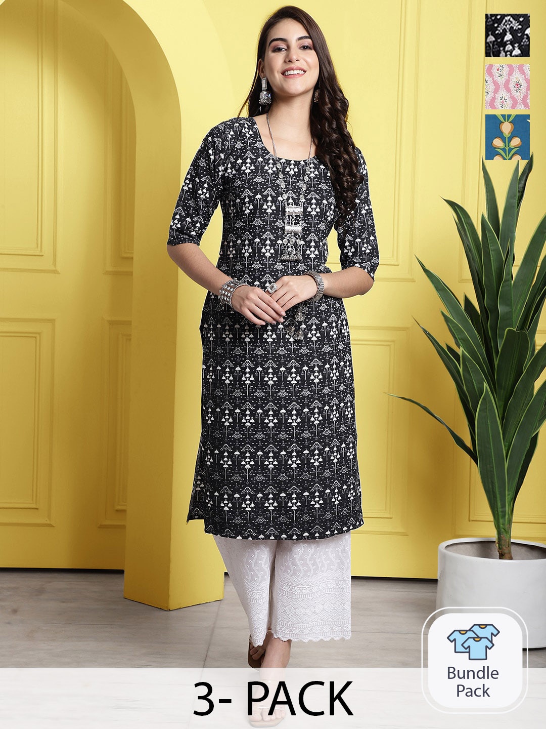 

7Threads Selection Of 3 Printed A-Line Kurtas, Black