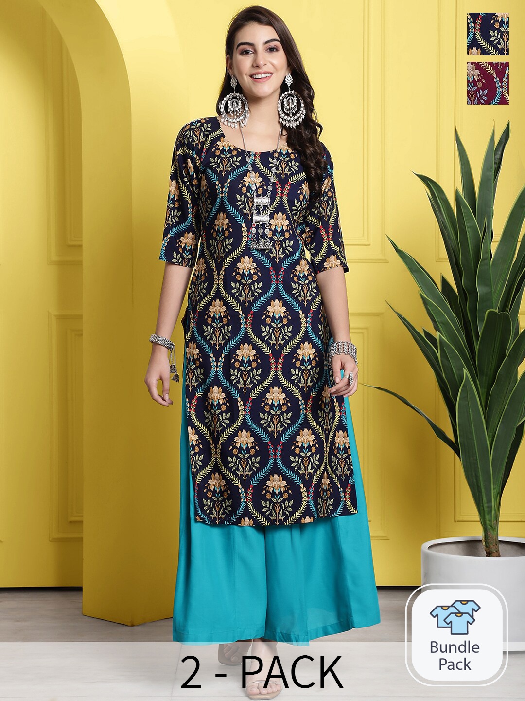 

7Threads Pack Of 3 Floral Printed Straight Kurta, Navy blue