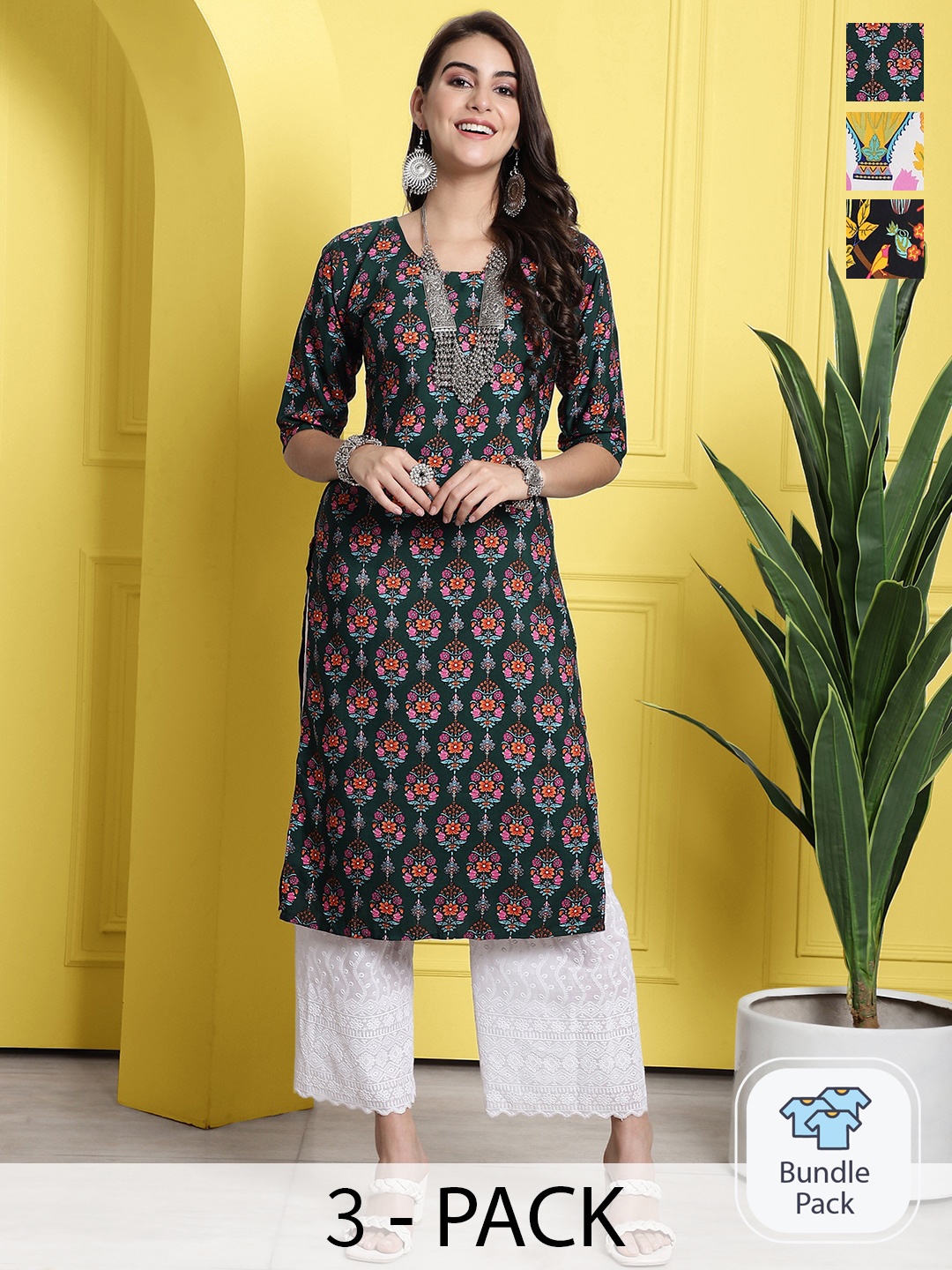 

7Threads Pack of 3 Ethnic Motifs Printed Straight Kurta, Navy blue