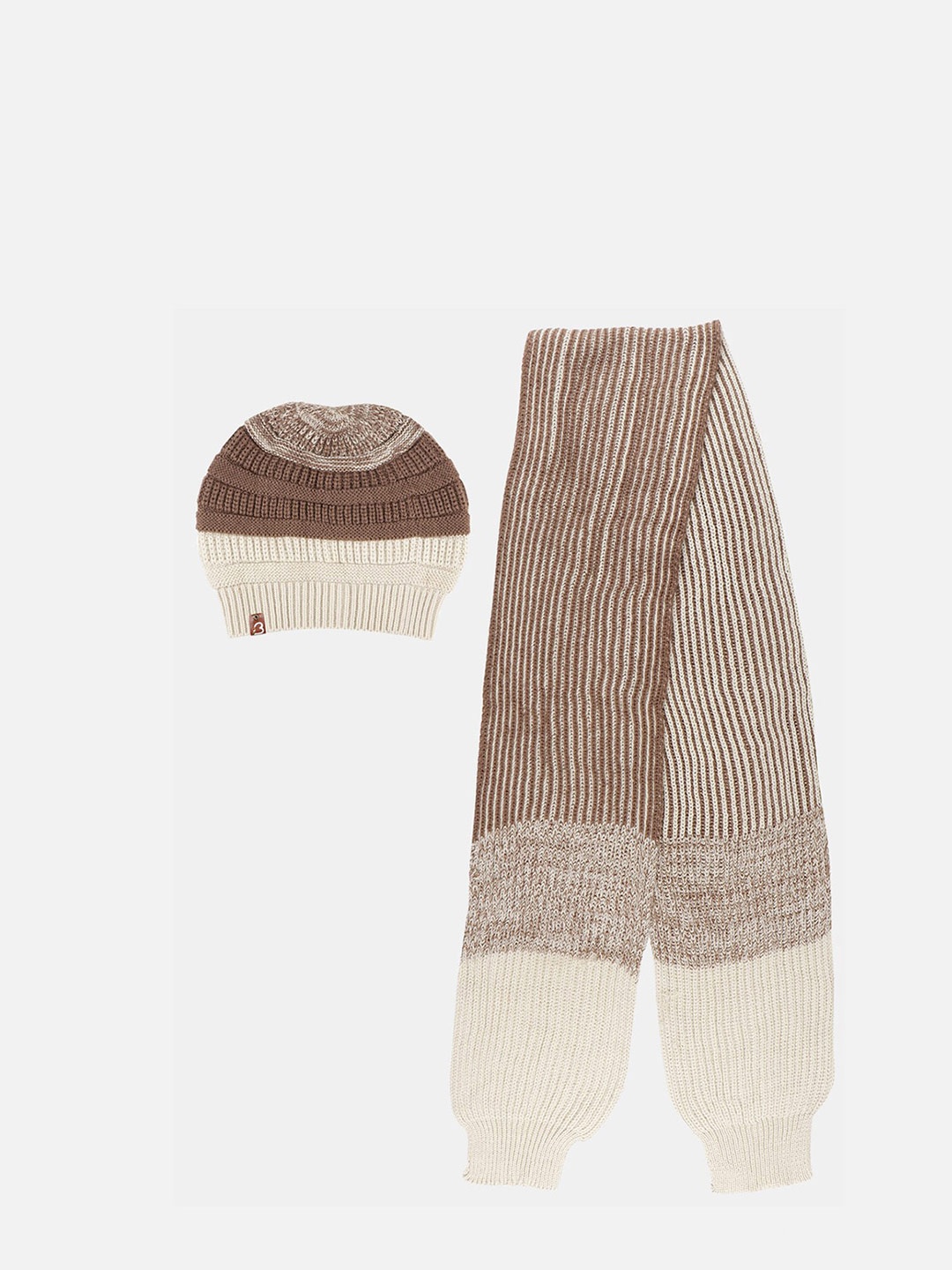 

Bharatasya Men Self Design Beanie Cap woth Scarf, Brown
