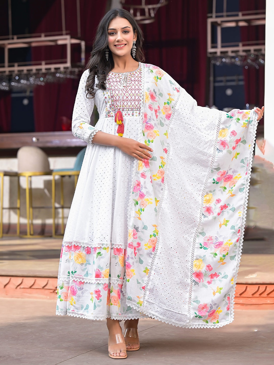 

Hatheli Schiffli Self Design Embroidered Detail Maxi Cotton Ethnic Dress With Dupatta, White