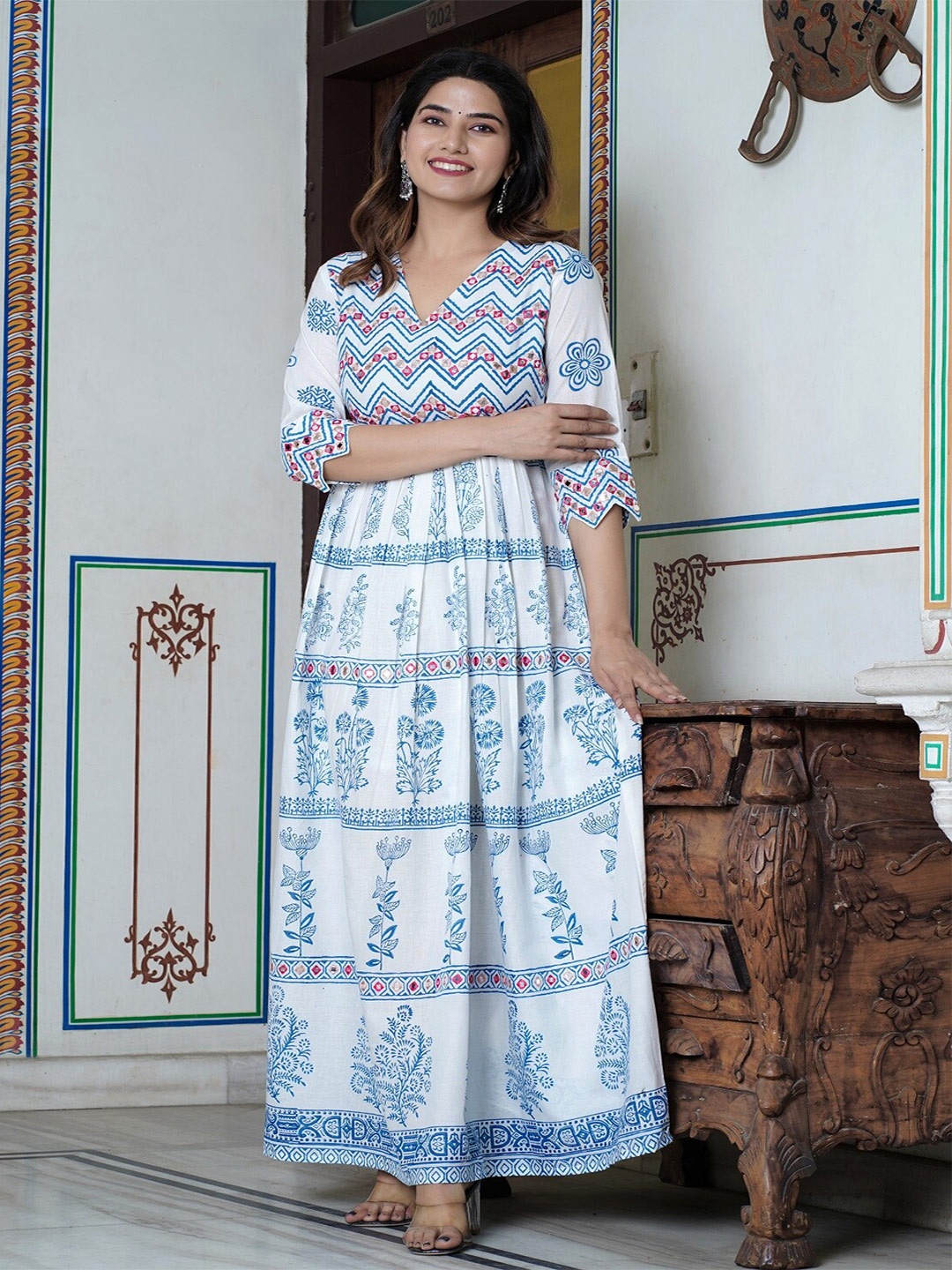 

Hatheli Ethnic Motifs Block Printed Mirror Work Maxi Cotton Ethnic Dress, Blue