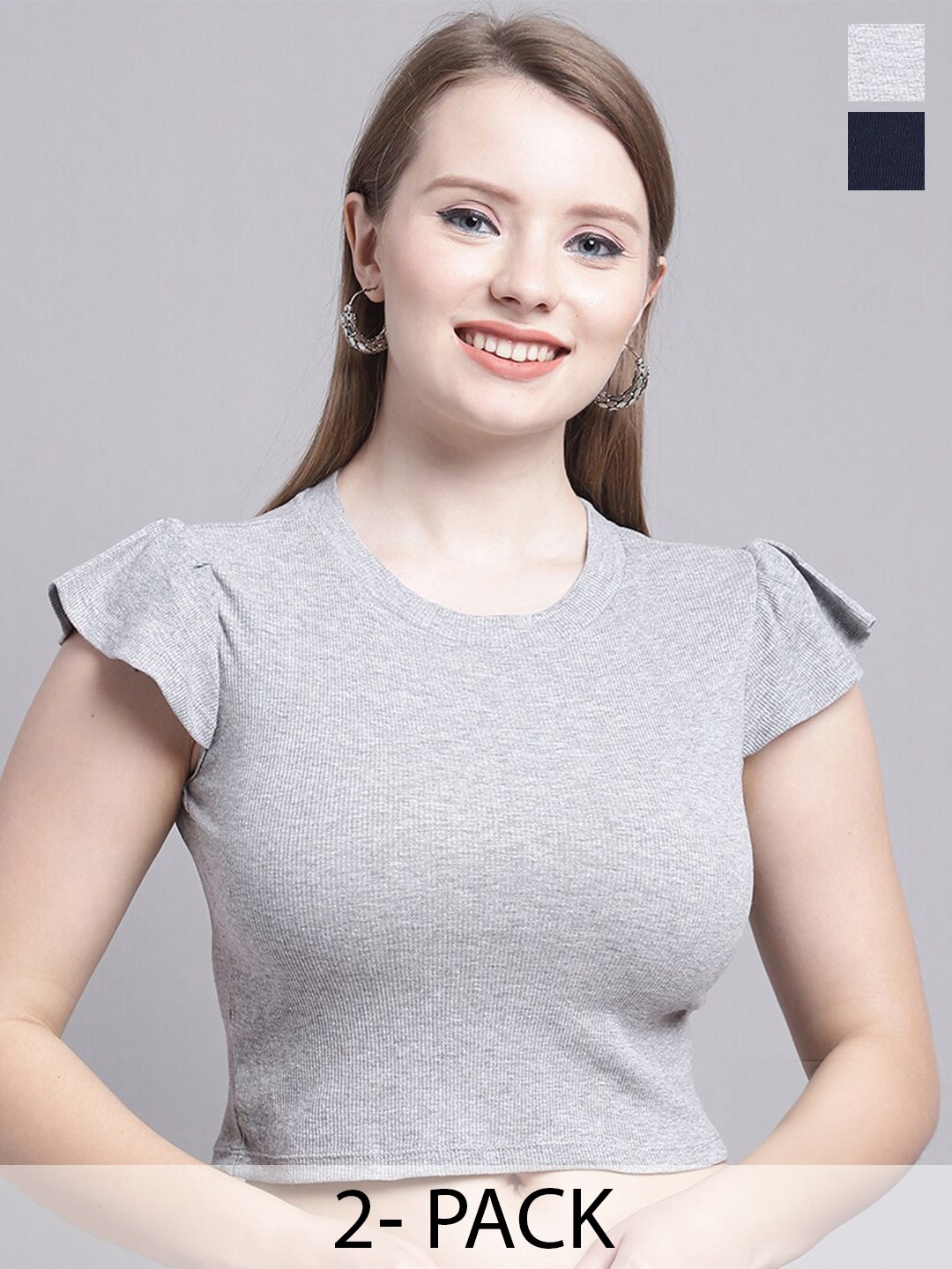 

Jinfo Pack Of 2 Round Neck Short Sleeves Crop Top, Grey