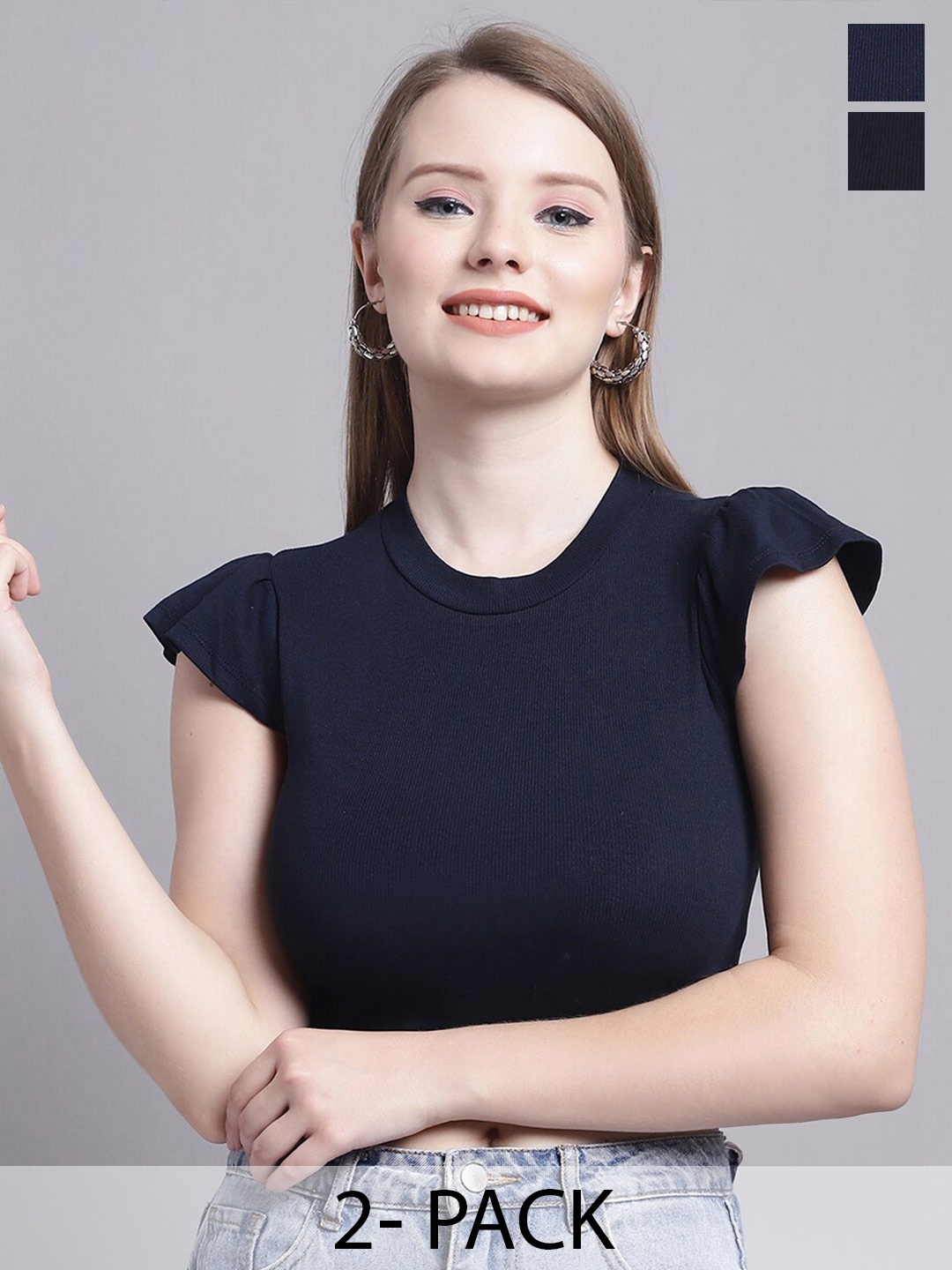 

Jinfo Pack Of 2 Round Neck Flutter Sleeve Crop Fitted Top, Black