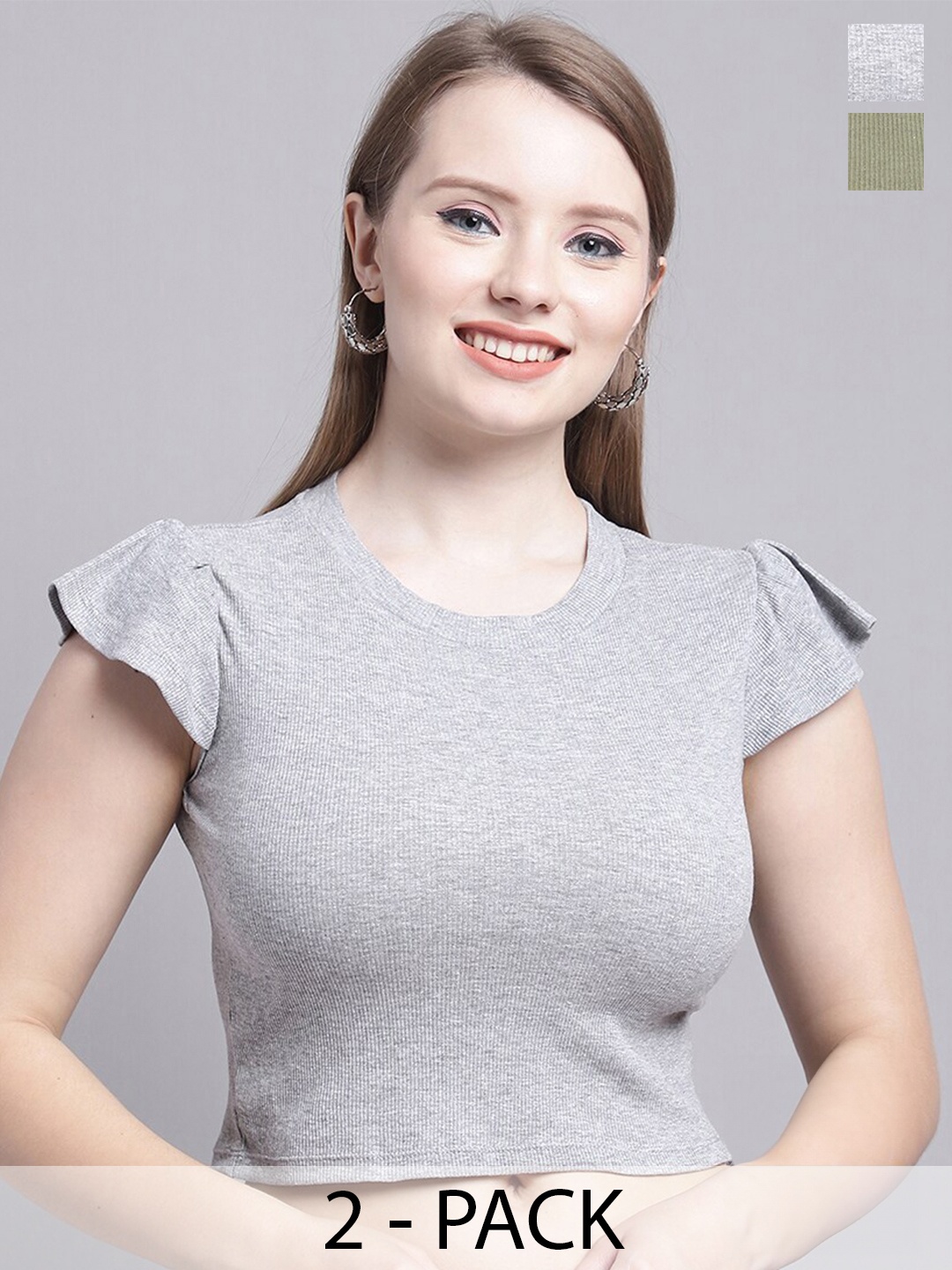 

Jinfo Pack Of 2 Round neck Flutter Sleeve Cotton Lycra Crop Top, Grey