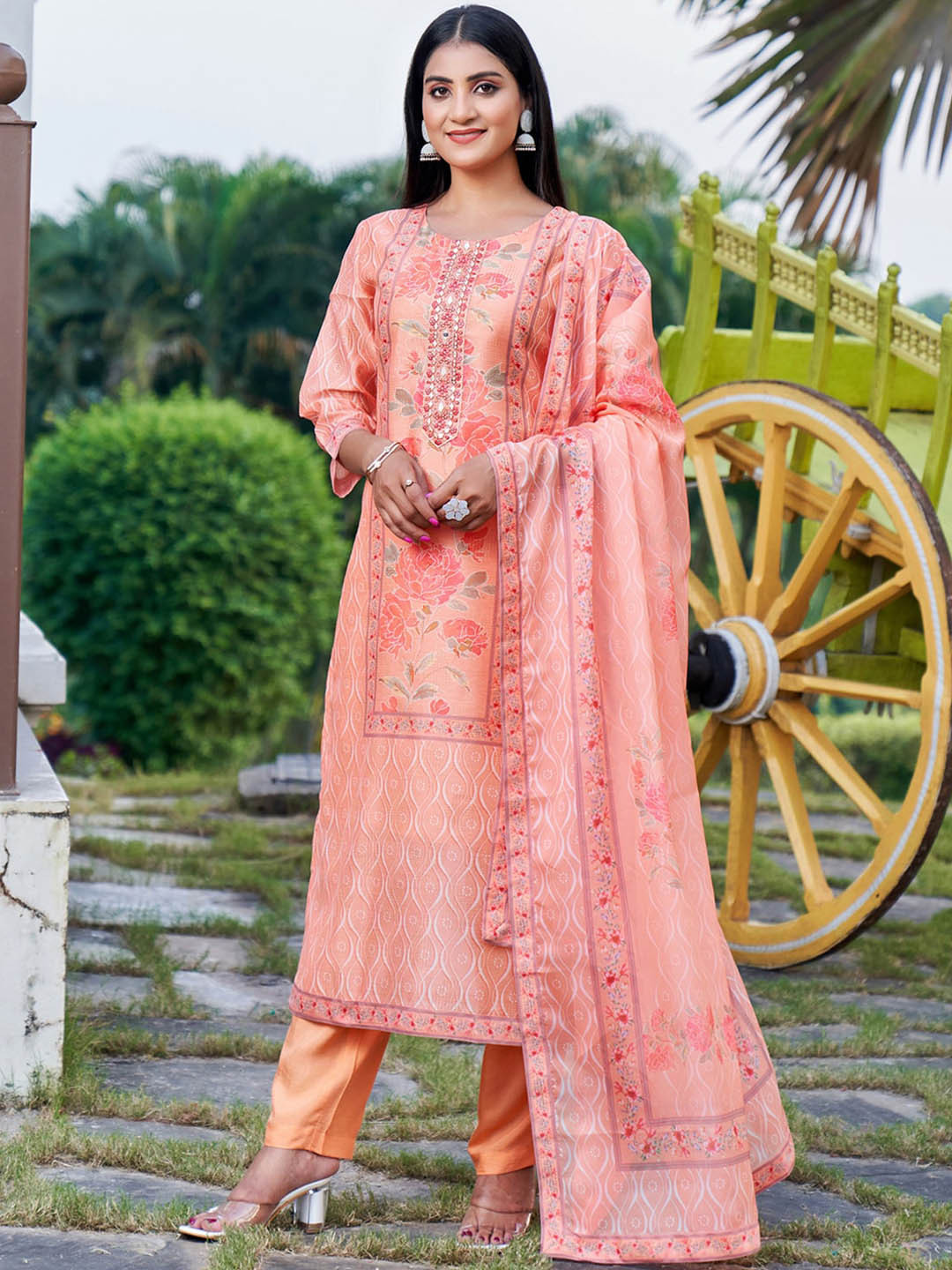 

Indo Era Floral Printed Kurta With Trousers & Dupatta, Orange