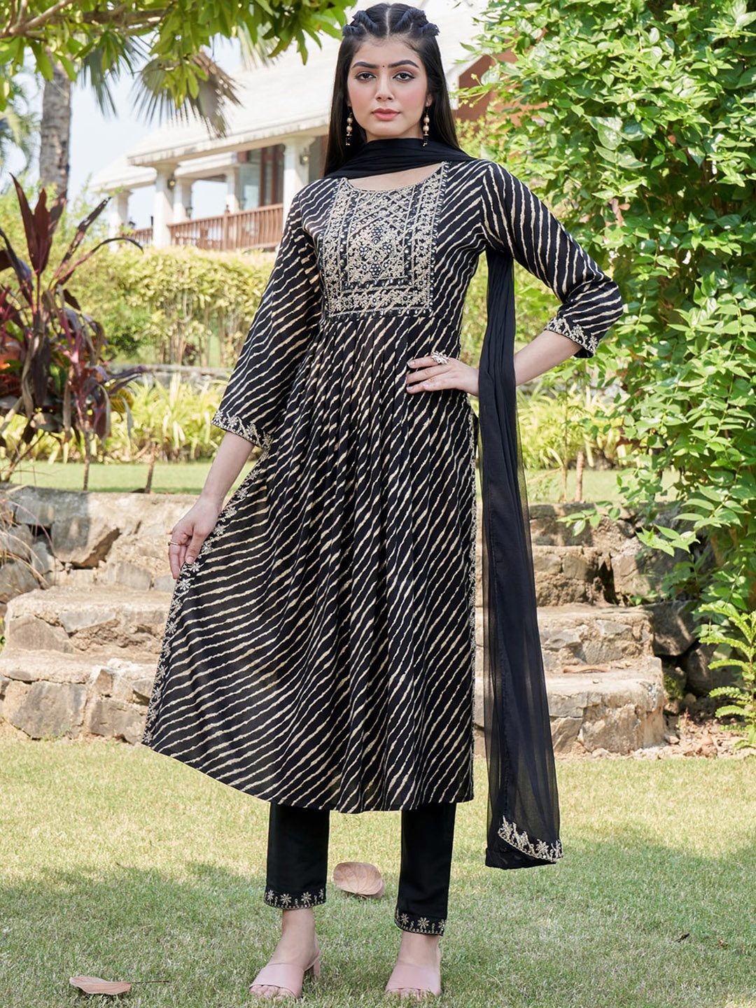 

Indo Era Black Leheriya Printed Mirror Work A-Line Kurta & Trousers & With Dupatta