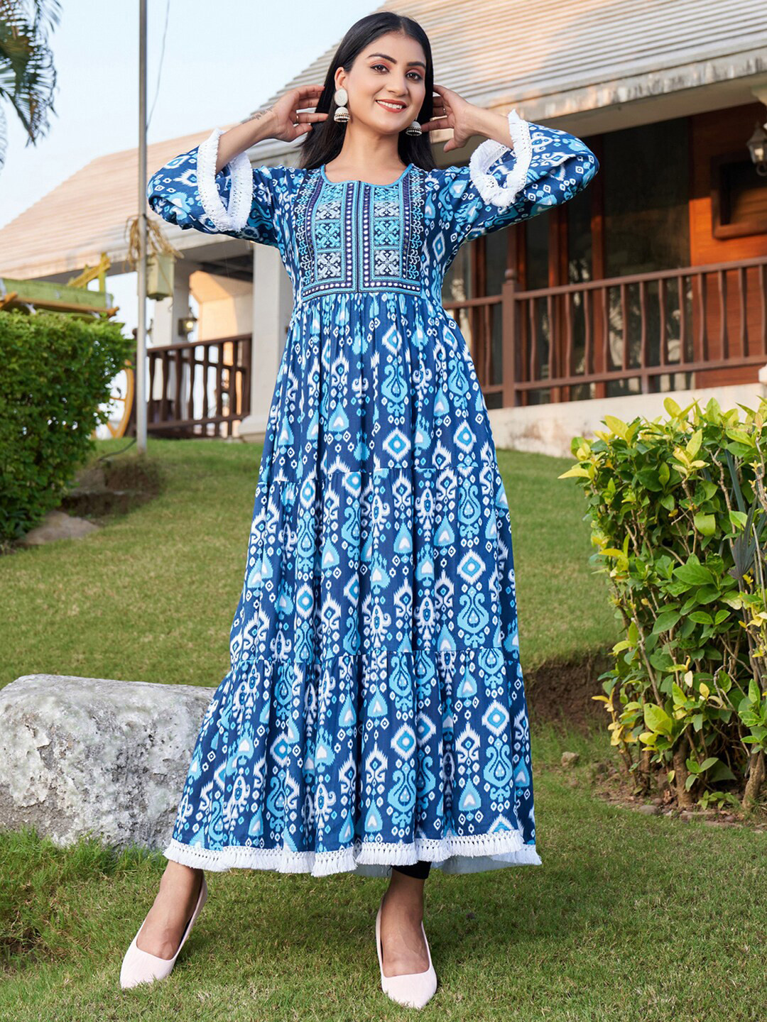 

Indo Era Ethnic Motifs Printed Embroidered Mirror Work Maxi Fit & Flare Ethnic Dress, Blue