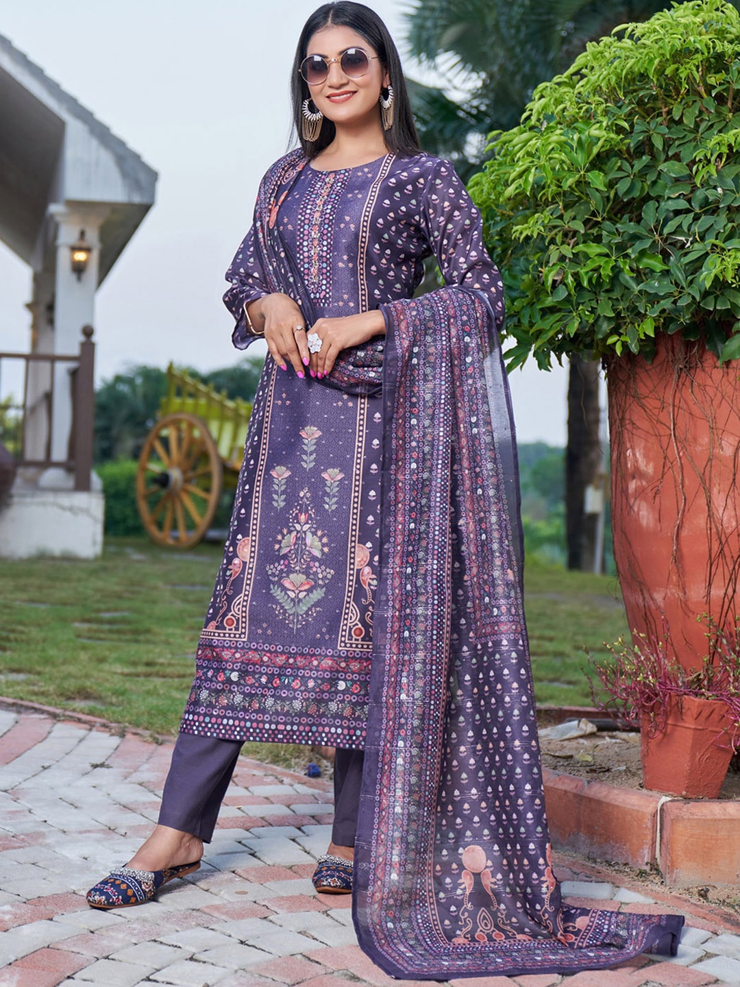 

Indo Era Ethnic Motifs Printed Regular Thread Work Kurta With Trousers & Dupatta, Blue