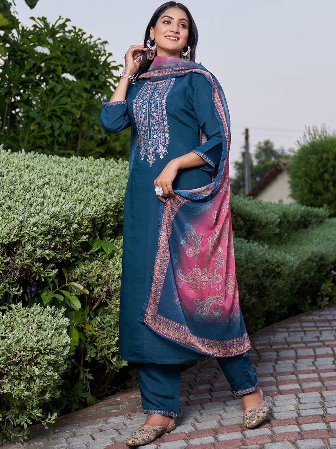 

Indo Era Teal Floral Embroidered Yoke Sequined Straight Kurta & Trousers With Dupatta