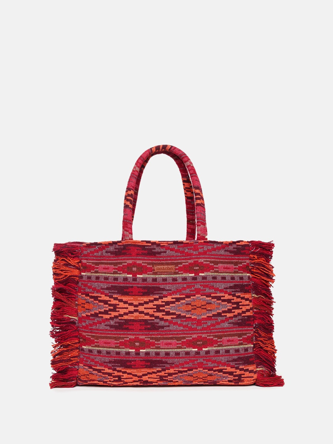 Maisha Geometric Self Design Oversized Shopper Handheld Bag with Fringed, Maroon